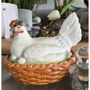 9” Staffordshire Hen on Nest Eggs Bowl Large Bisque Porcelain Antique Chicken